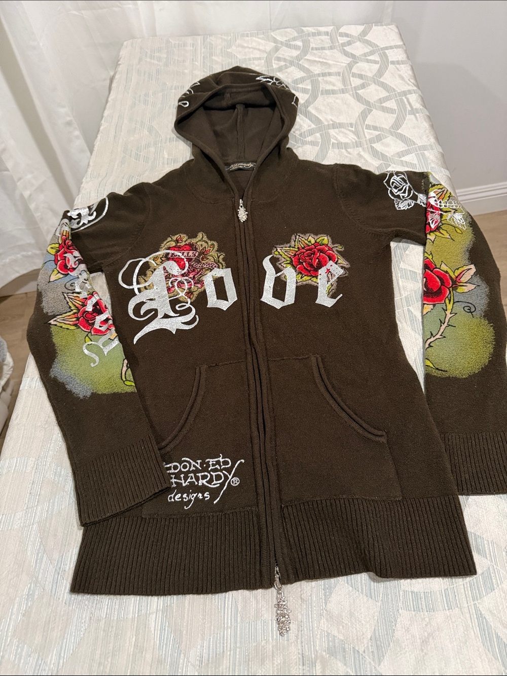 Ed Hardy graphic knit hoodie with rhinestones